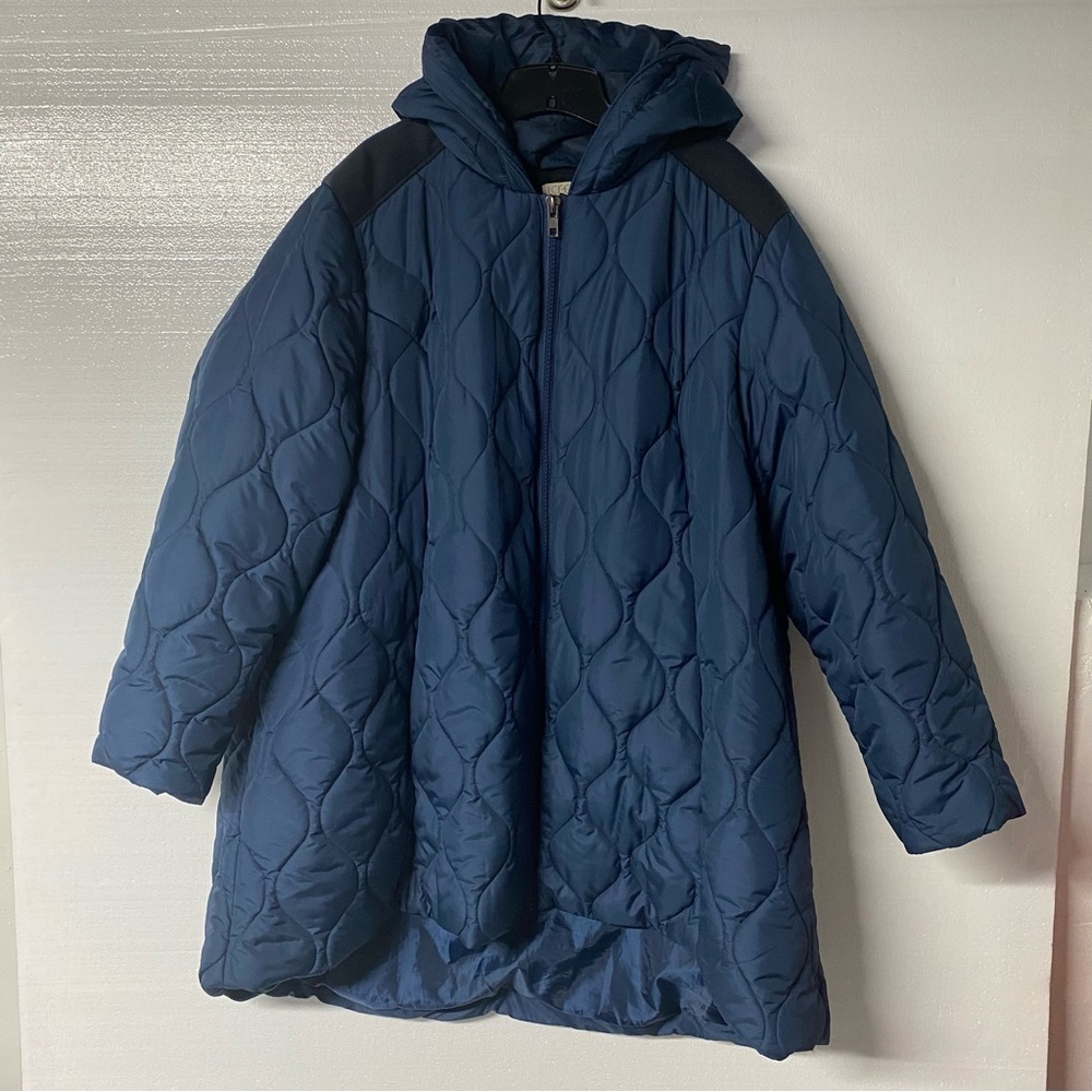 LOGO Lori Goldstein Coat Women Size 3X Blue Quilted Long Full Zip Hooded Jacket